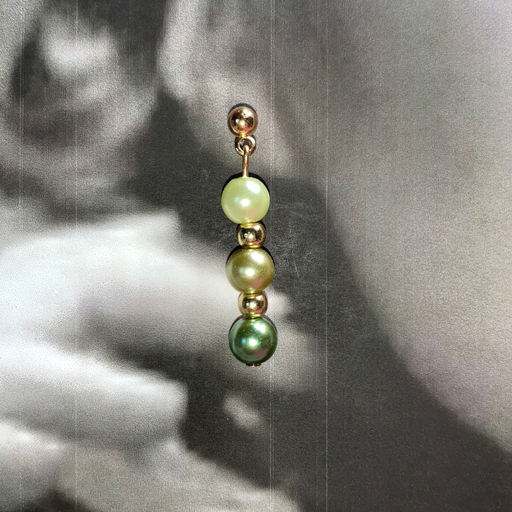 Green Faux Pearl Post Stud Dangle Earrings with Gold Accent Beads